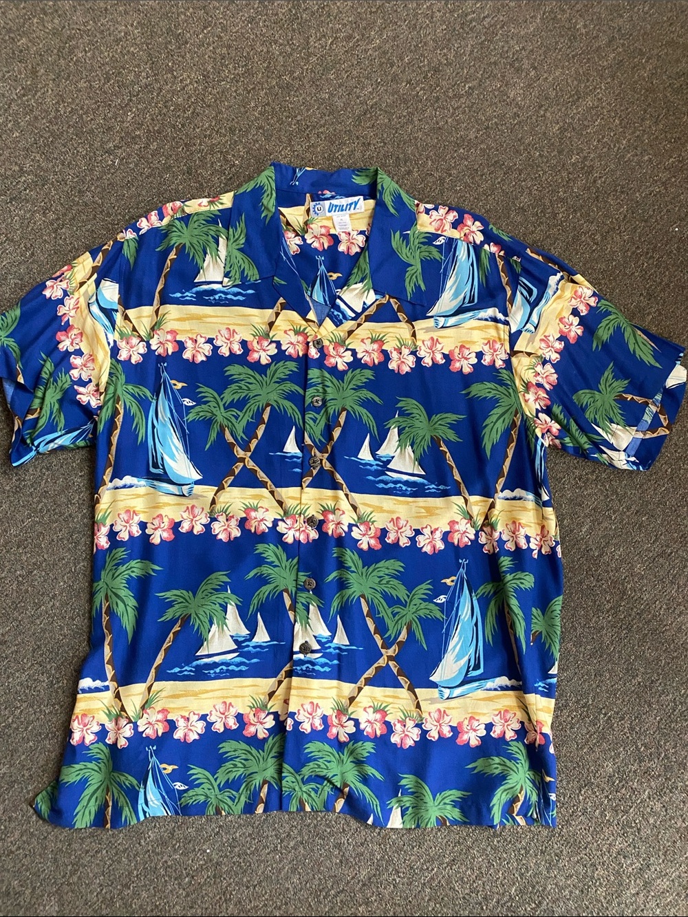 Vintage Utility Blue Tropical Sailboat Camp Collar Shirt